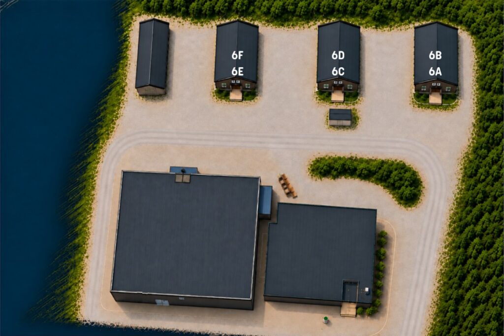 Boendets tre hus sedda ovanifrån, märkta 6F/6E, 6D/6C och 6B/6A från vänster till höger, med grusplan och väg framför